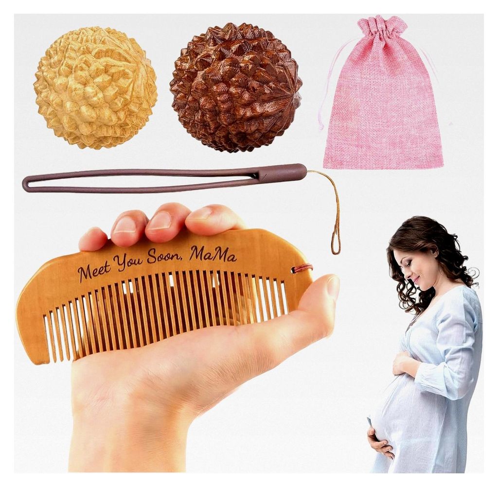 Geburtskamm und Massageball Set, 3 Stück, Holzkamm Geschenk für Schwangere, Akupressur zur Schmerzlinderung während der Geburt und Schwangerschaft