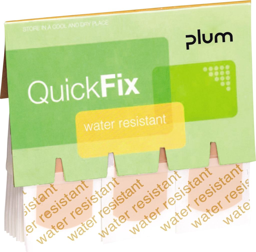 A display box of Plum QuickFix water-resistant plaster strips.