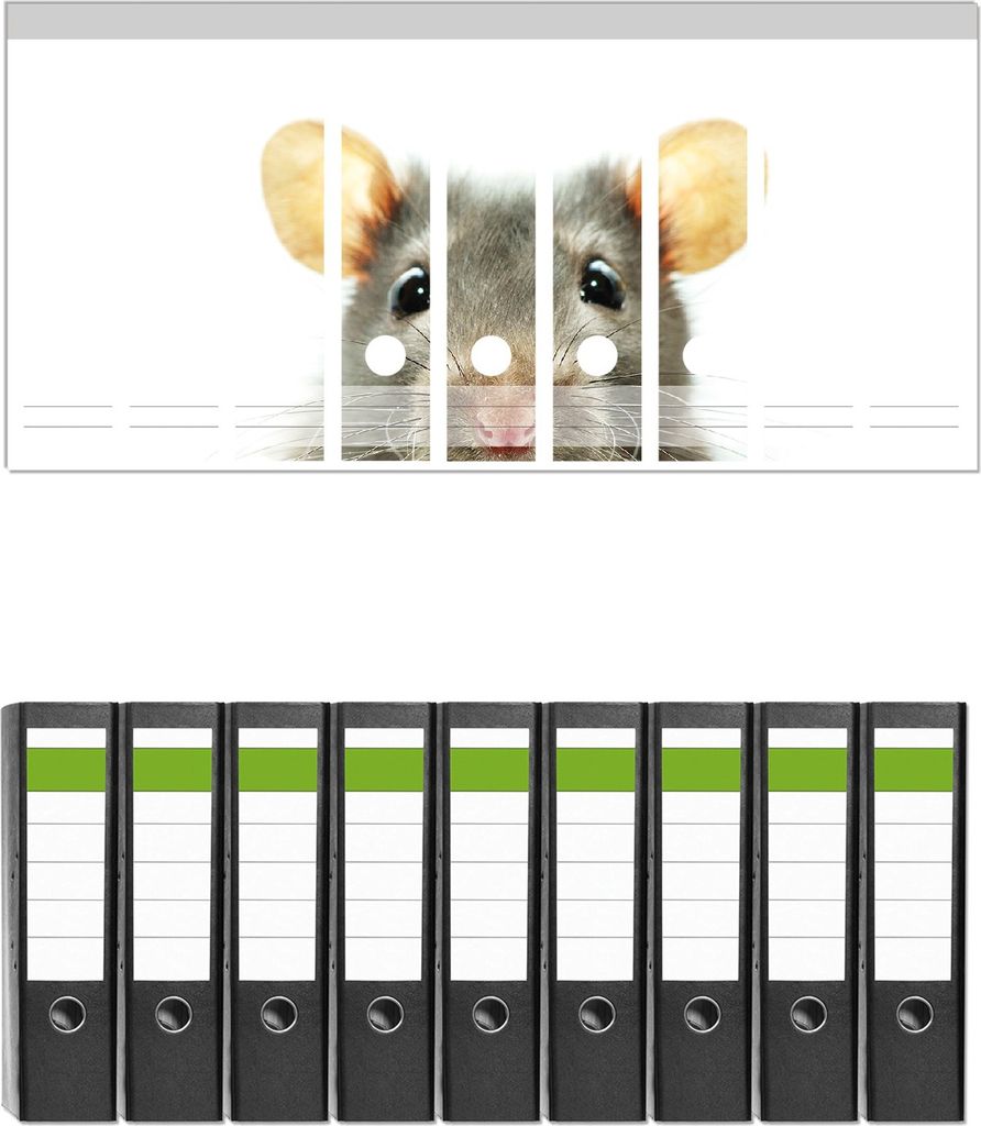 Wallario 9 Stück breite Ordner inkl. Klebeetiketten mit Motive Maus am Tellerrand - Set mit Rückenschildern / Ordnerrücken Stickern