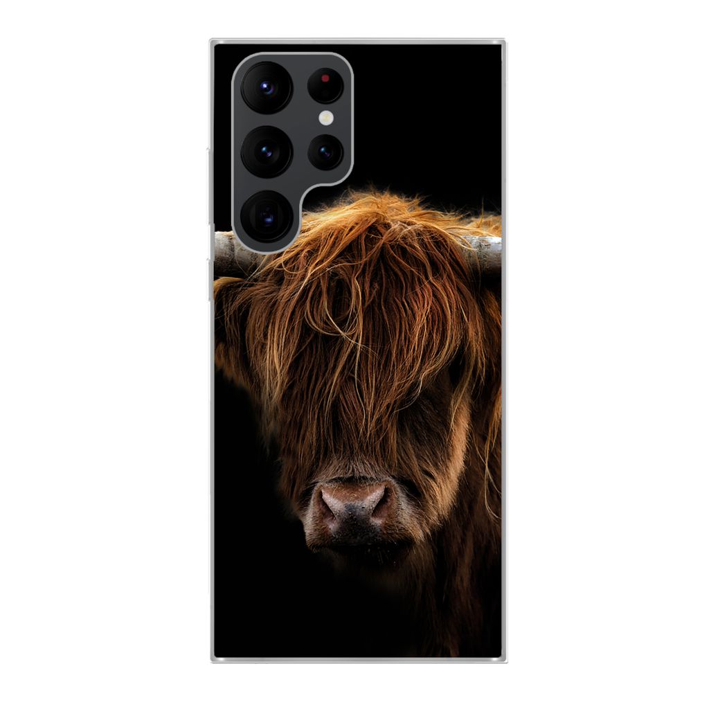 MuchoWow Handyhülle Schutzhülle Hülle für Samsung Galaxy S22 Ultra Schottischer Highlander - Hörner - Schwarz - Tiere - Natur - Wild - Kuh S...