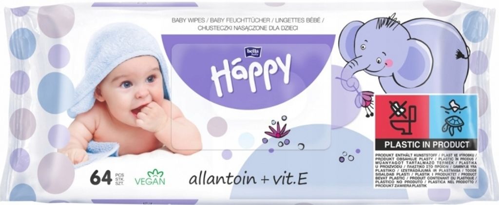 A package of baby wipes featuring a baby and an elephant illustration.