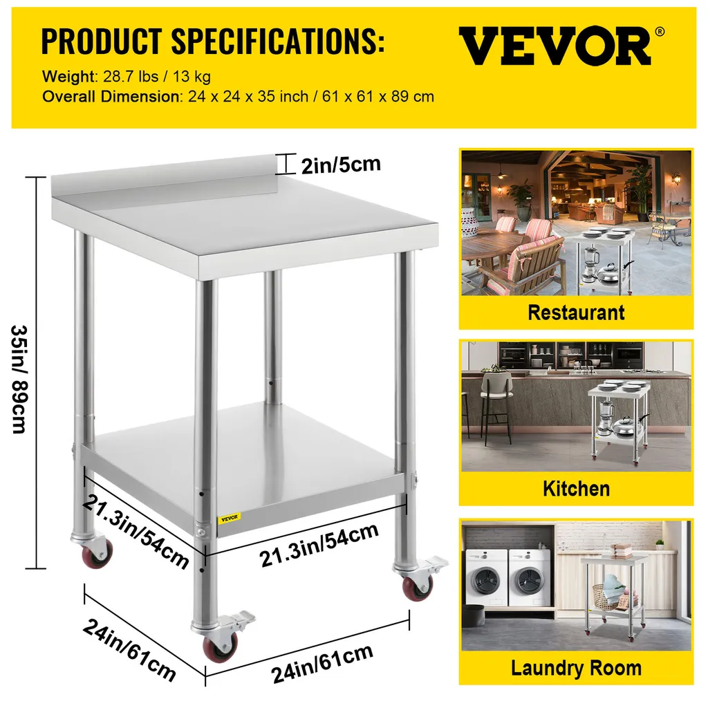 Table inox cuisine VEVOR robuste 440 lbs - Solution stockage mobile