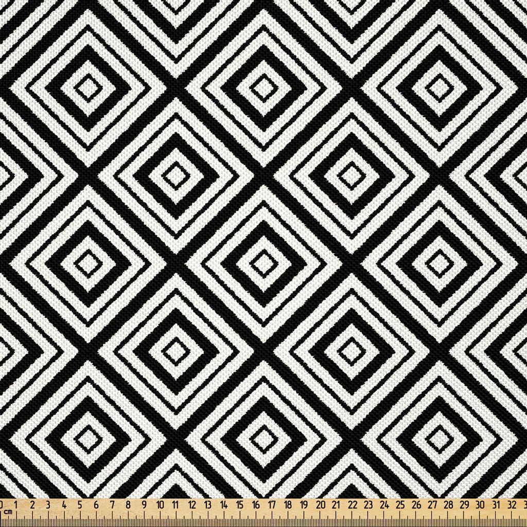 ABAKUHAUS Schwarz und weiß Satin Stoff als Meterware, Abstrakte Rauten-Tracery-Diamant formt Zusammensetzung in geordneter Mode, 2 M (148 x 200 cm...