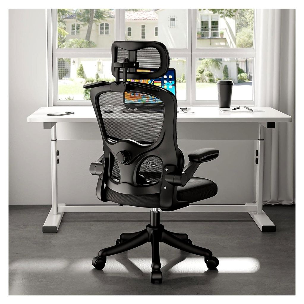 Ergonomischer Bürostuhl, Chefsessel mit Lendenwirbelstütze und Kopfstütze, verstellbar, hochklappbare Armlehne, hohe Rückenlehne, Netz-Drehstuh...