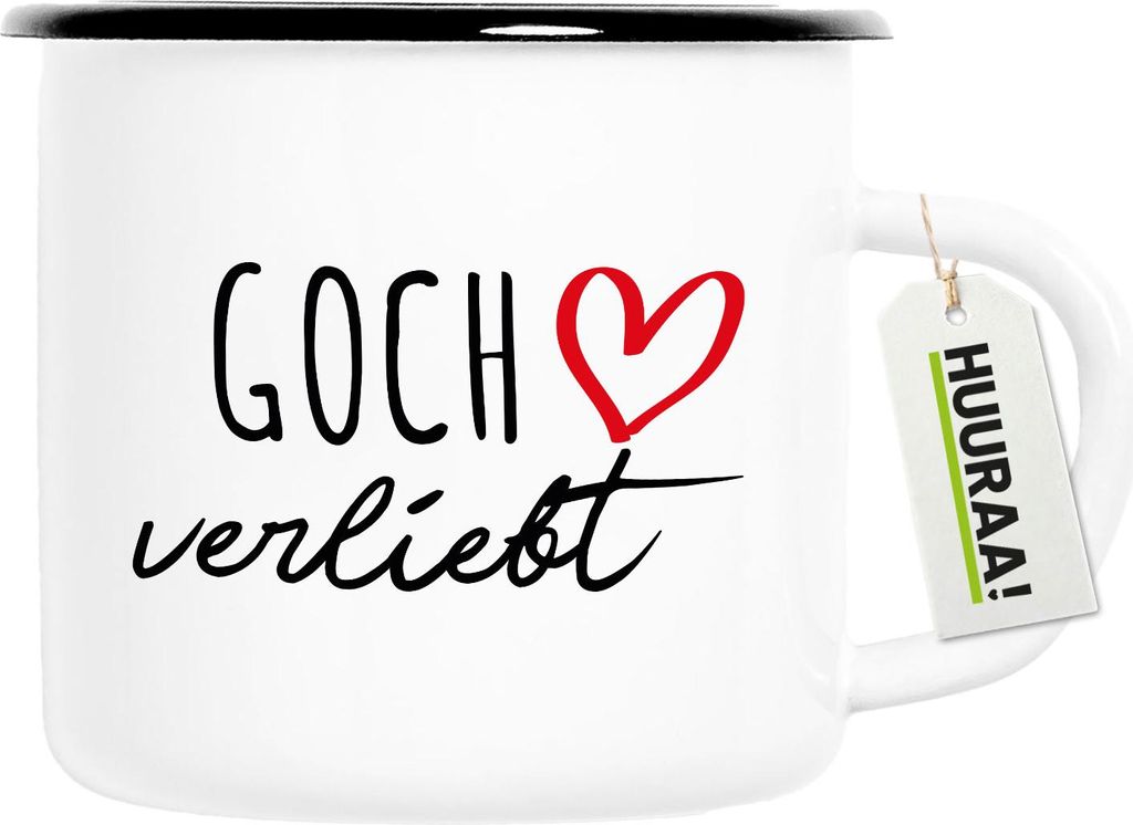 Huuraa Emaille Tasse Goch verliebt 300ml Vintage Campingbecher Geschenkidee