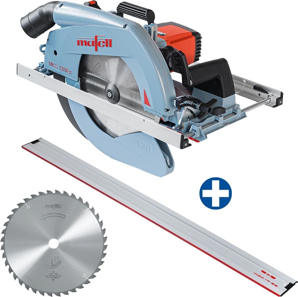 A MAFELL MKS 130 Ec circular saw with a guide rail and a spare saw blade, presented on a white background.