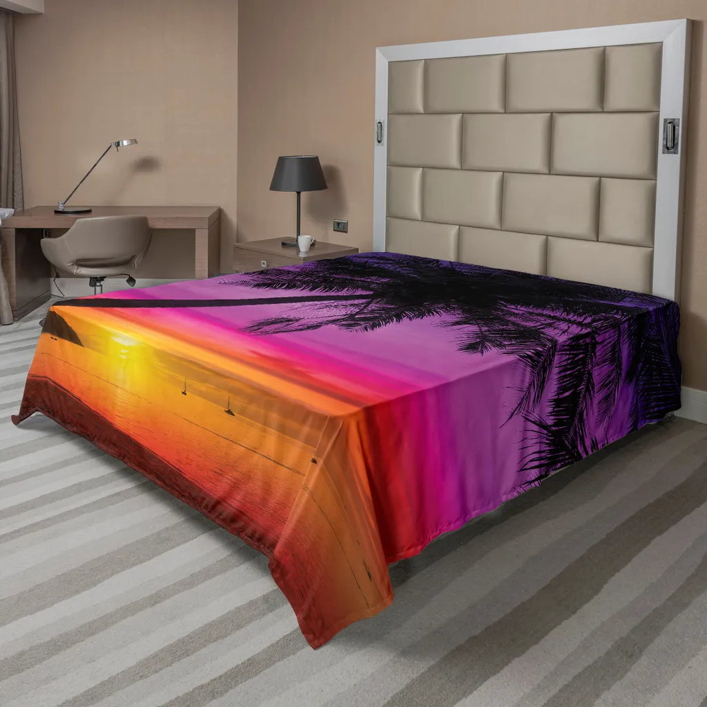Drap de lit plat anti-décoloration 266x260 cm motif tropical plage violet