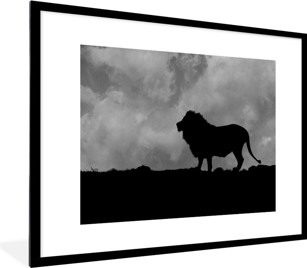 MuchoWow MuchoWow Gerahmtes Poster Silhouette eines Löwen bei Sonnenuntergang - schwarz und weiß 80x60 cm - Poster mit zchwarzem Bilderrahmen...
