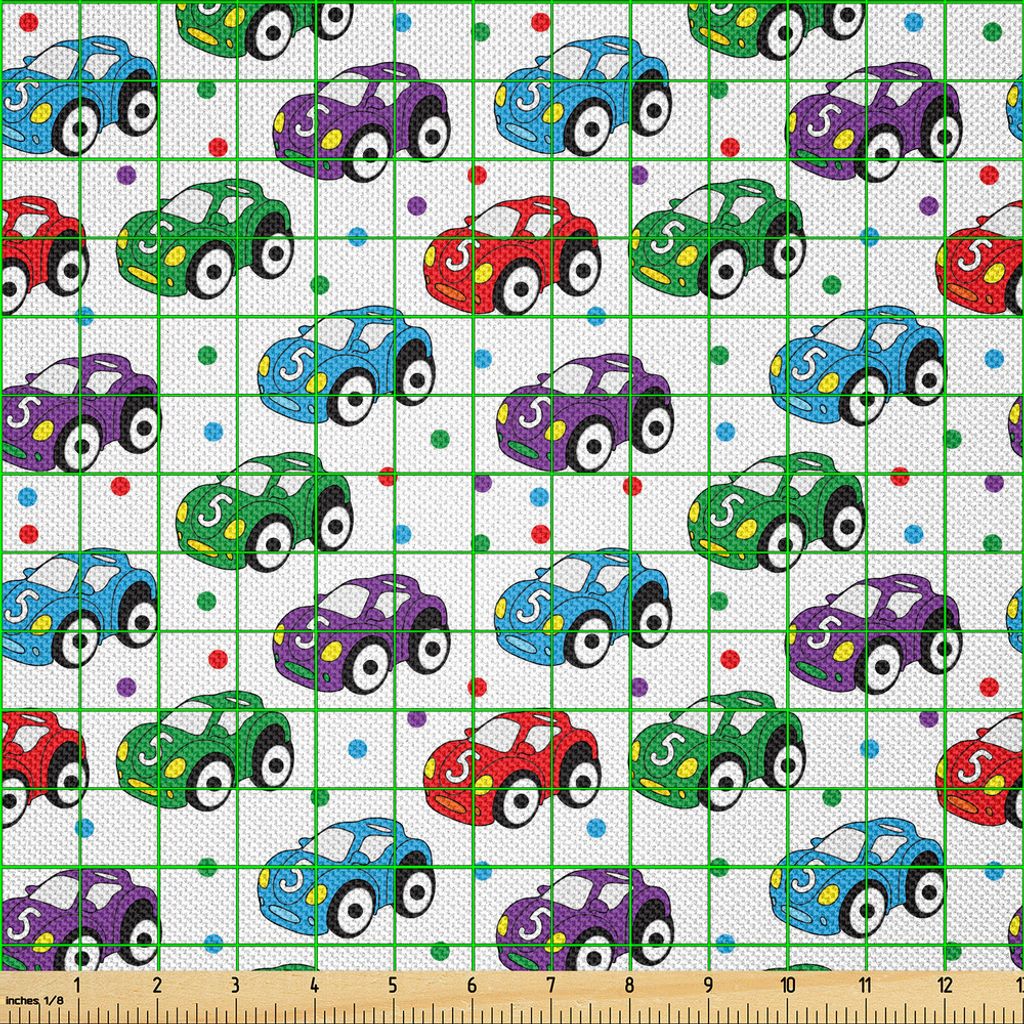 ABAKUHAUS Autos Satin Stoff als Meterware, Kinder Baby Boy Spielzeugfiguren Muster mit Punkten Nummer fünf Autos für freudige Spielzeit, 1 M (148...