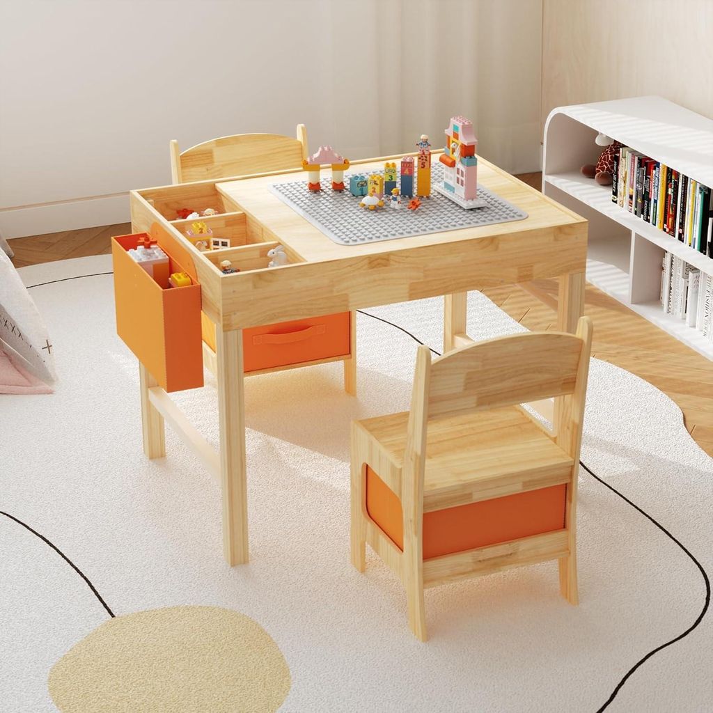 Kinder-Bausteintisch mit 2 Stühlen und Stauraum, Produktbild 