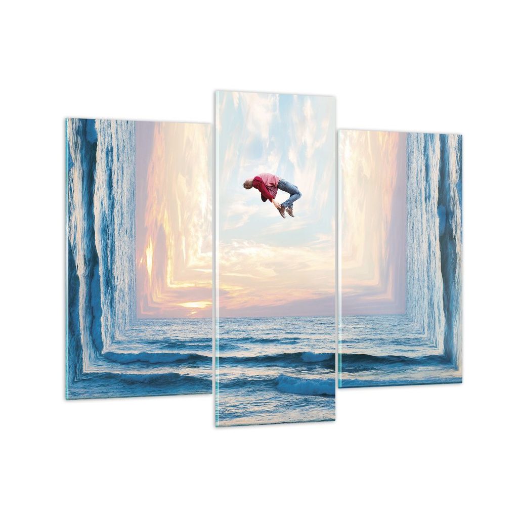 Bilder auf glas - 3 Teile - Sprung Freiheit Surrealismus - 130x100cm - Glasbilder - Wandbilder - Bilder - Wanddekoration aus Glas - Glas Bilder - W...