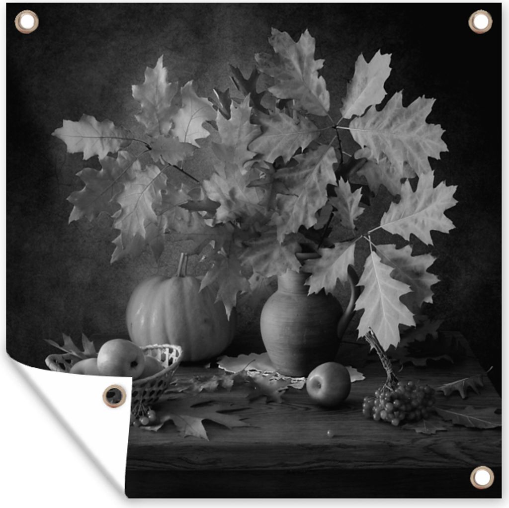 MuchoWow 100x100 cm Outdoor-Poster Gartendeko Sichtschutz Garten Poster für den Garten Stilleben - Blätter - Kürbis
