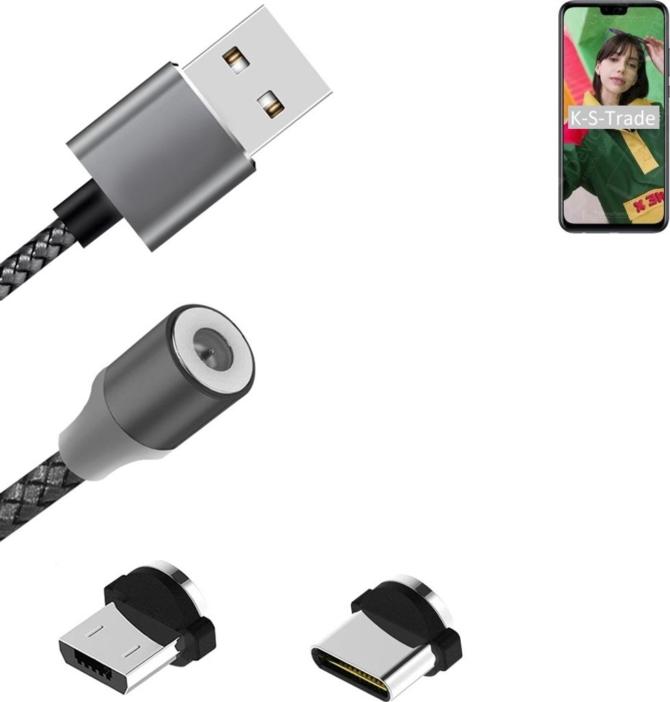 K-S-Trade Hochwertiges Magnet-Lade-kabel Sync-Kabel Daten-Kabel für Huawei Y8s mit USB-Typ-C-Anschluss und Micro-USB-Anschluss 2A bis zu 480mbps