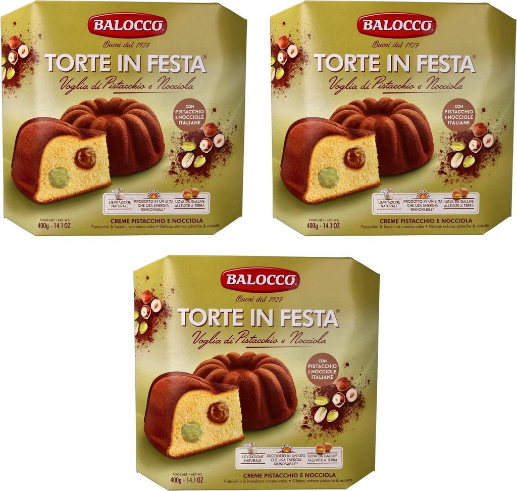 3x Balocco Torte in Festa Voglia di Pistacchio e Nocciola Kuchen gefüllt mit köstlicher Pistazien- und Haselnusscreme 400g