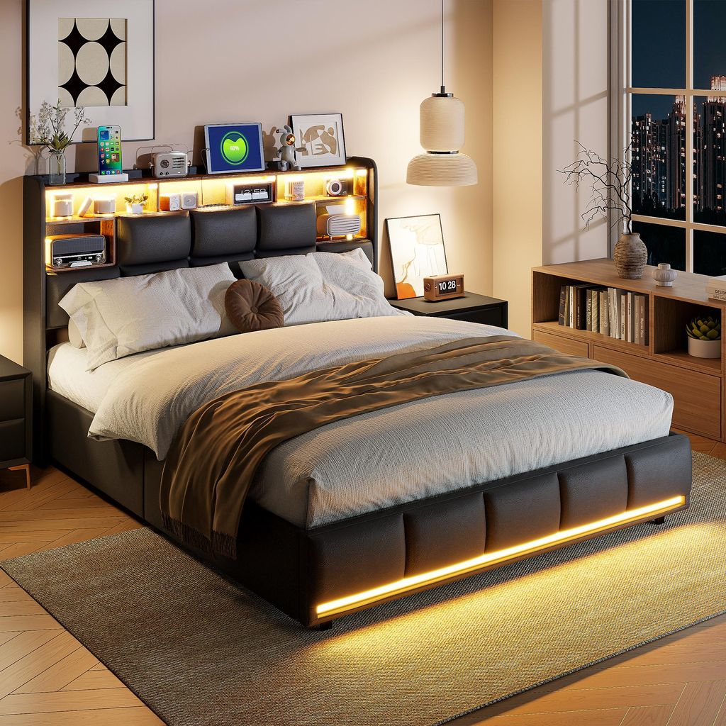 ProximaX Gasdruckbett 140×190 cm mit LED an Kopf- und Fußteil, USB und Stauraum – Modernes, funktionales Bett für Schlafzimmer, Schwarzes