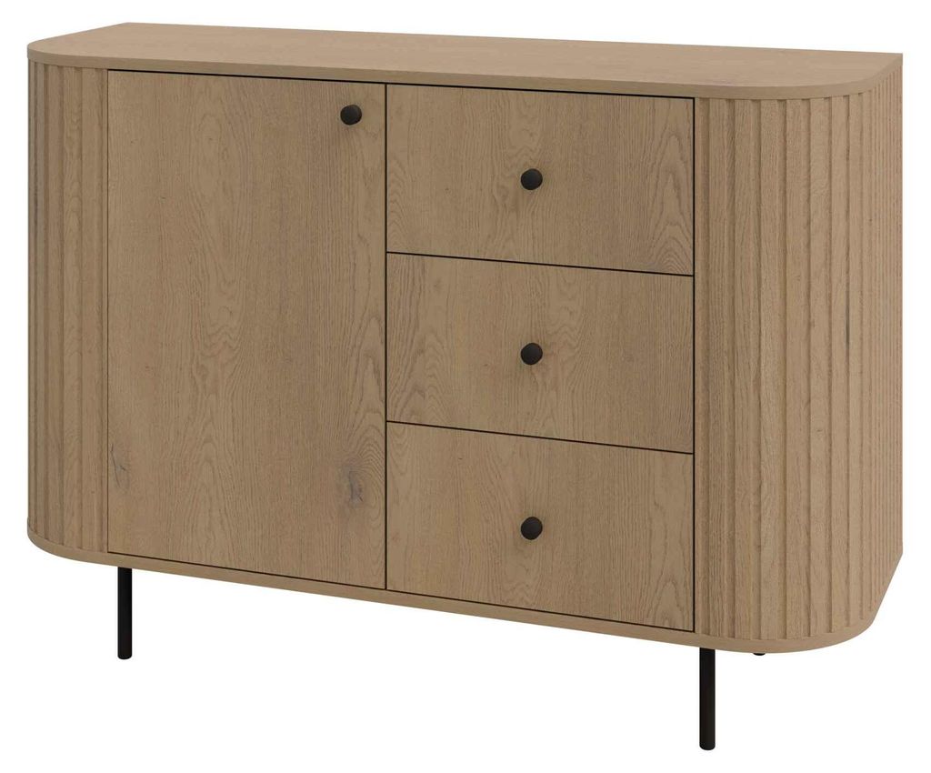 Masseno Kommode BOLLA 123 cm Sideboard mit 3 Schubladen und 1 Türen für Wohnzimmer Schlafzimmer Modern 123x42,3x85,4 cm Eichefarben