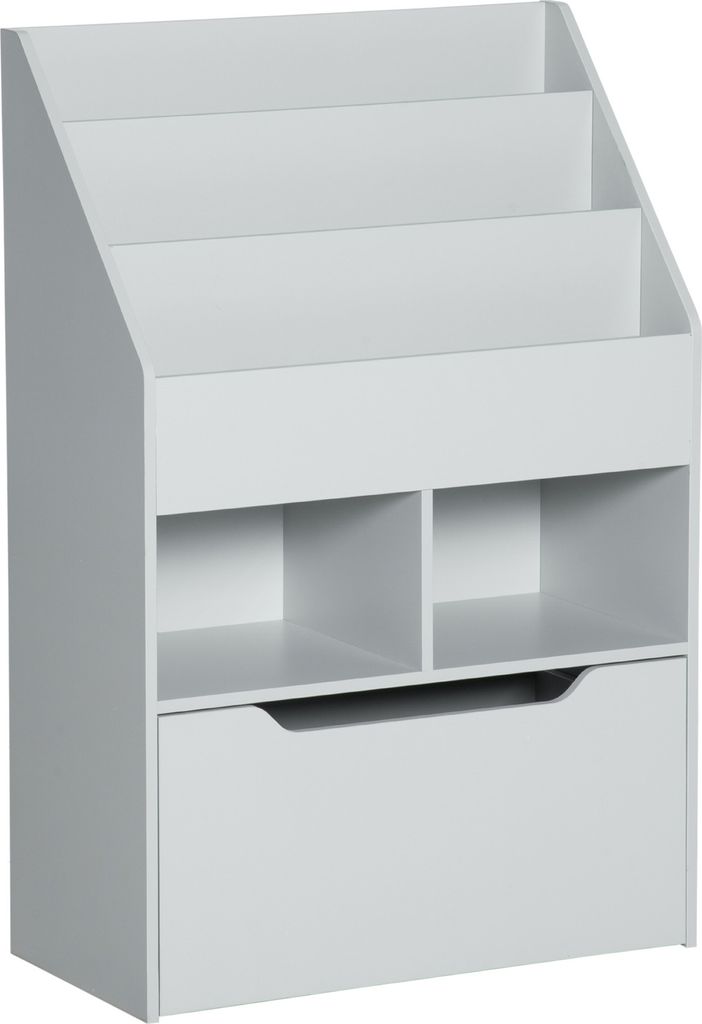 HOMCOM Kinder-Bücherregal aus Holz mit 3 Fächern, 2 Würfeln und mobiler Schublade mit 4 Rollen, Kinder-Bücherregal für Kinderzimmer, Spielzimm...