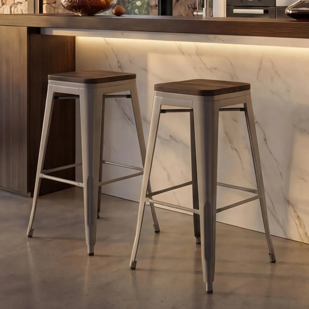 Sgabelli Bar Industriali HWC-A73 Grigio e Legno | Set 2 Pezzi