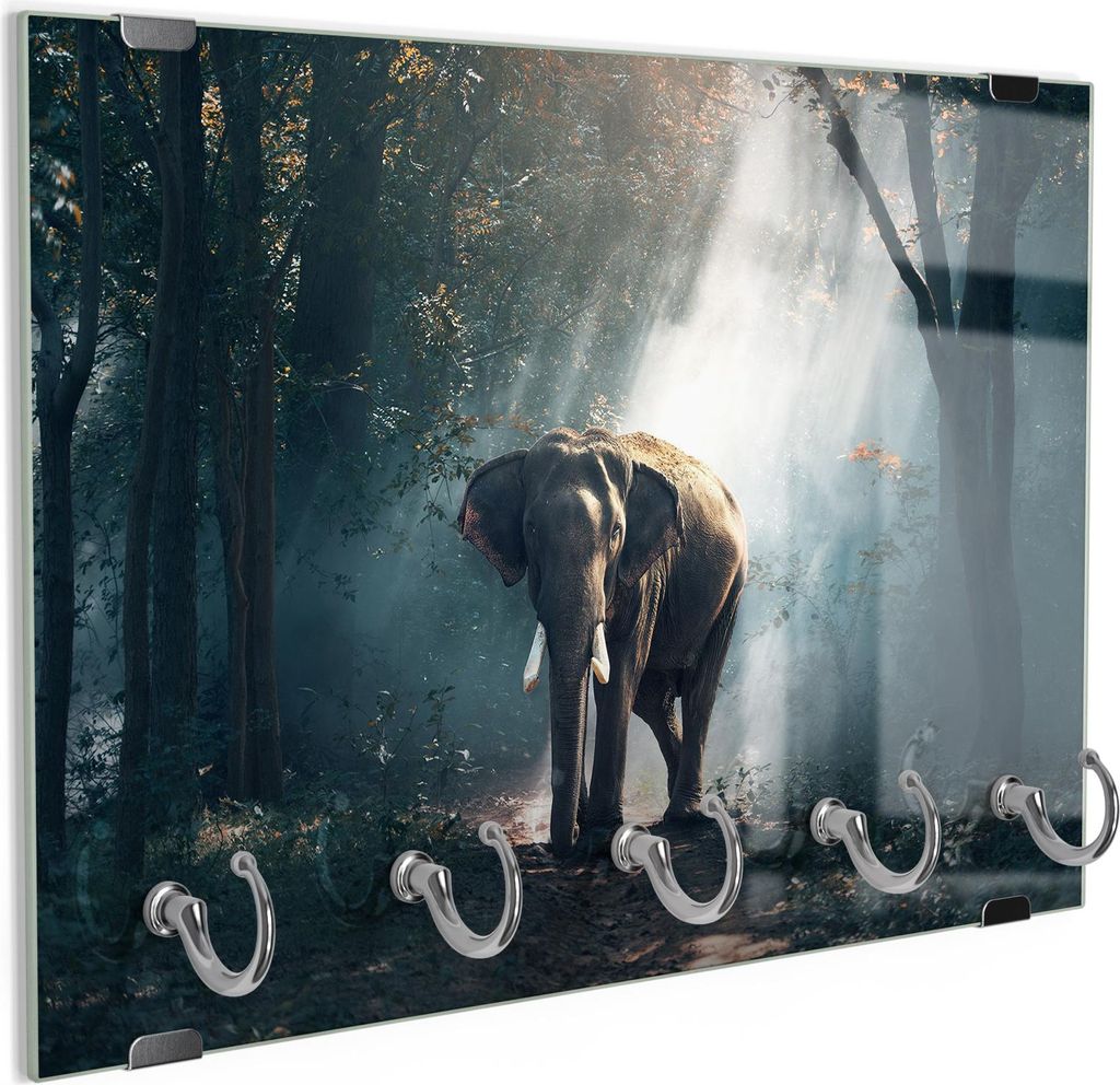 DEQORI Schlüsselbrett Glas 30x20 cm 'Elefant im Wald' Schlüssel Halter Board Haken