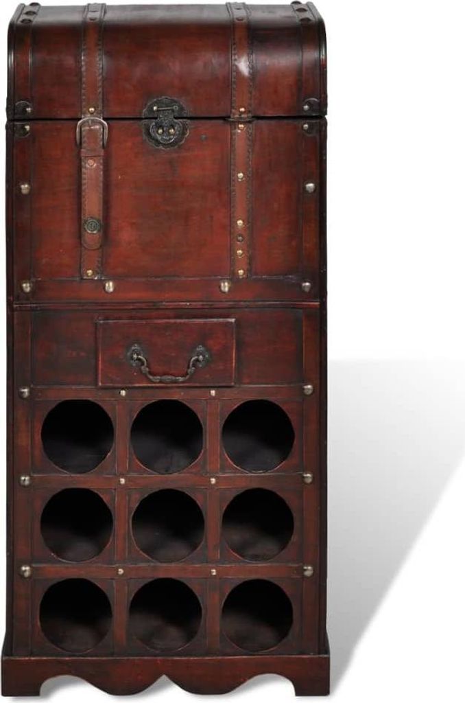 A dark brown wooden wine rack with a chest on top, shown against a white background.