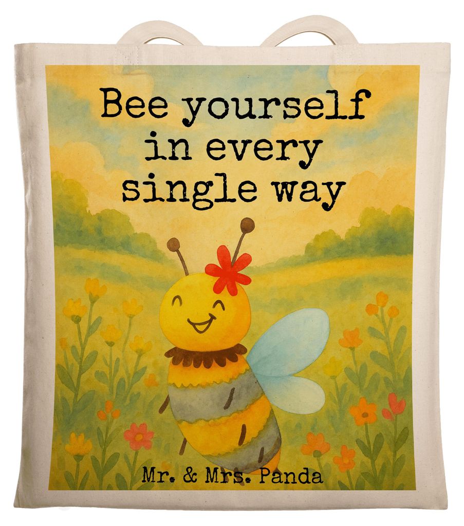 Mr. & Mrs. Panda Tote Bag Biene Blume Design - Weiß - Geschenk, Shopping Tasche, Jutebeutel, Einkaufstasche, Laptoptasche