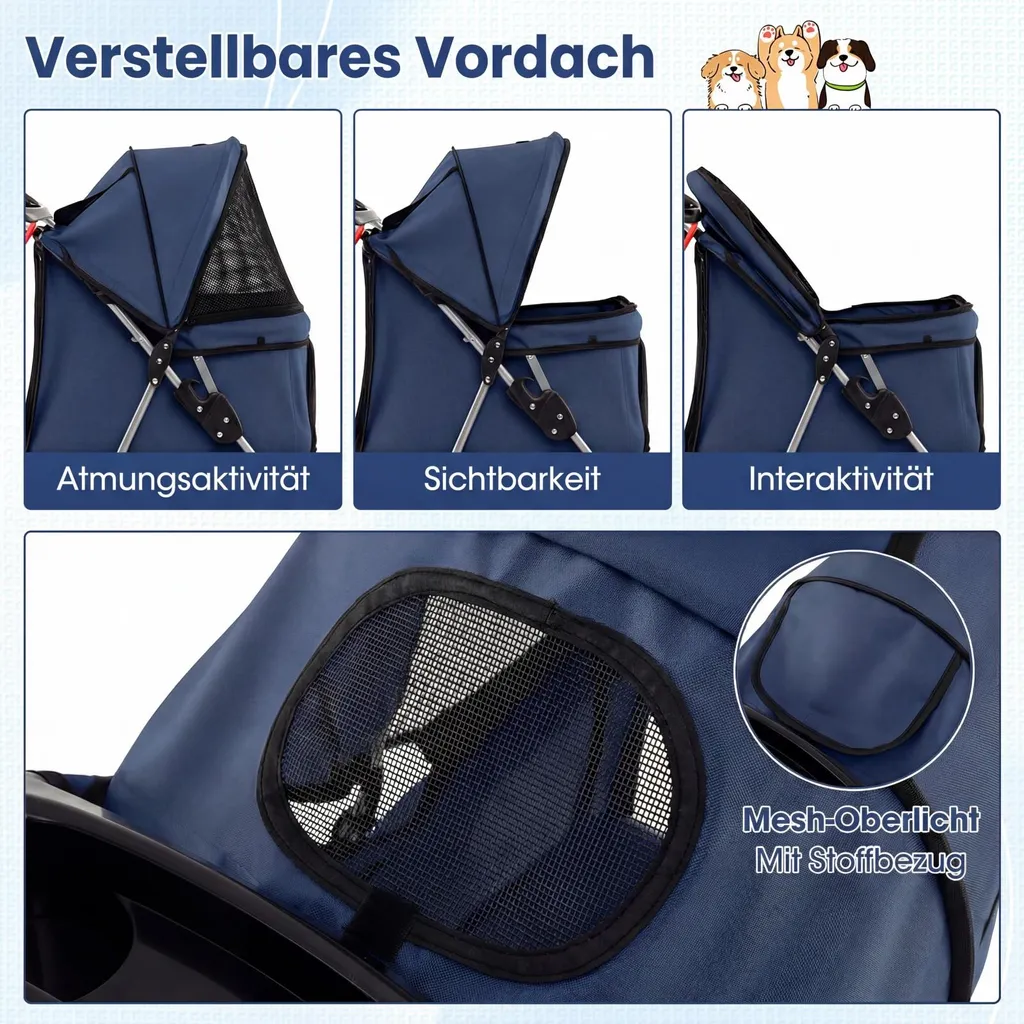 Poussette animaux avec auvent réglable pour petits chiens et chats Bleu - 3