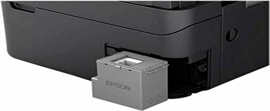 A close-up view of an Epson ink maintenance box being inserted into a printer.