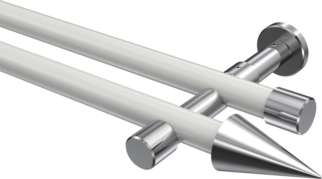 Interdeco Gardinenstange / Vorhangstange Weiß / Chrom, Typ Prestige Savio (Kegel) ohne Ringe, 20 mm Ø 2-läufig, 180 cm