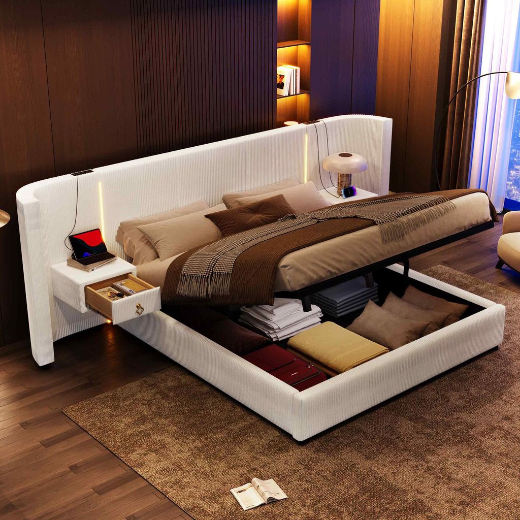 okwish Polsterbett 180×200 Doppelbett mit LED-Leiste und 2 Schubladen,Bettgestell mit Bettkasten und großzügigem Kopfteil,ohne Matratze,Beige