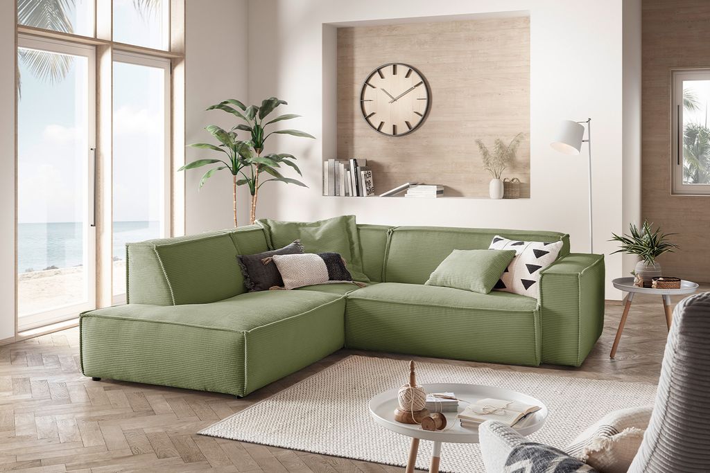 KAWOLA Sofa SAMU Ecksofa Cord olivgrün Recamiere links