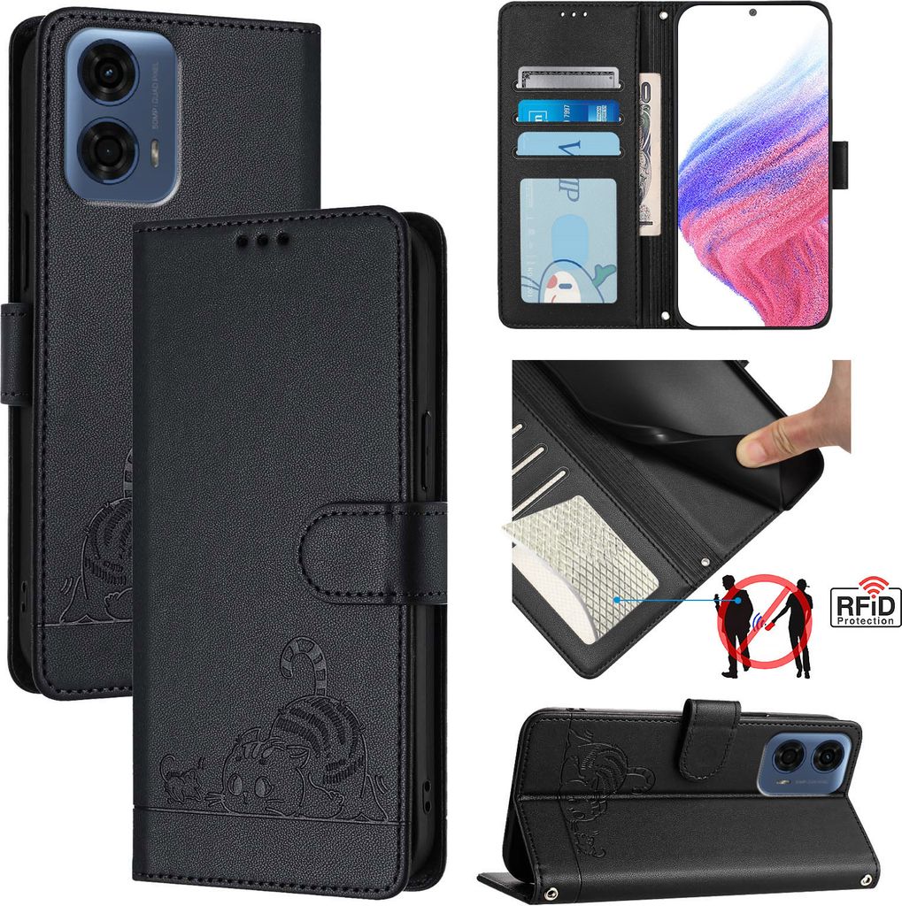 Leder Hülle für Motorola Moto G24 Power Süße Katze Flip Case Brieftasche Schutzhülle mit Standfunktion Schwarz