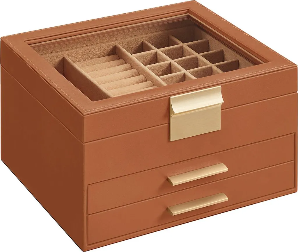 Coffret à bijoux à 3 niveaux brun caramel et doré pour bagues et colliers