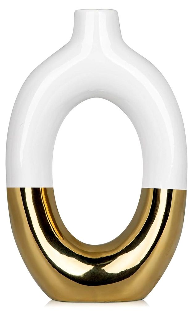 Keramikvase in Weiß und Gold für die Wohnraumgestaltung, Hohes Donut-Design, Dekorative Blumenvase, Moderne Vase für Trockenblumen, Schlafzimmer...