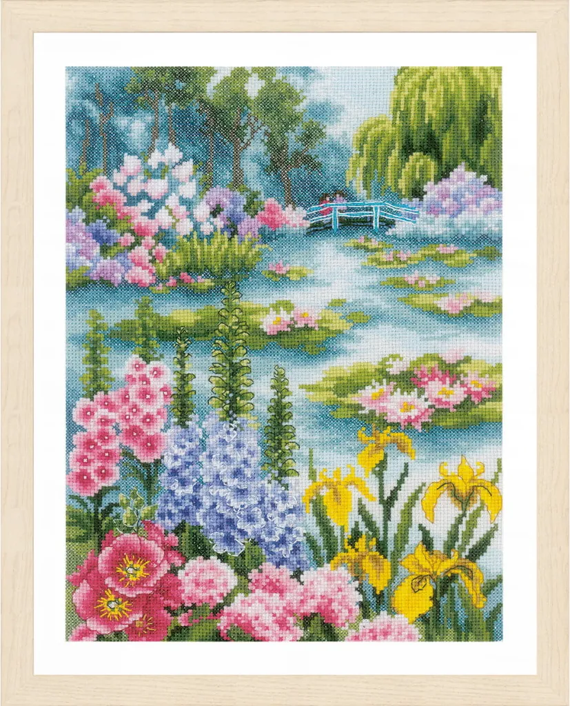 Tableau brodé main point de croix Kit Lanarte Jardin Nénuphars sur Aida