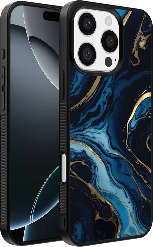 Smartphonica Custodia per iPhone 16 Pro Max con stampa in marmo - Custodia posteriore in TPU con design in marmo blu oro - Blu Oro