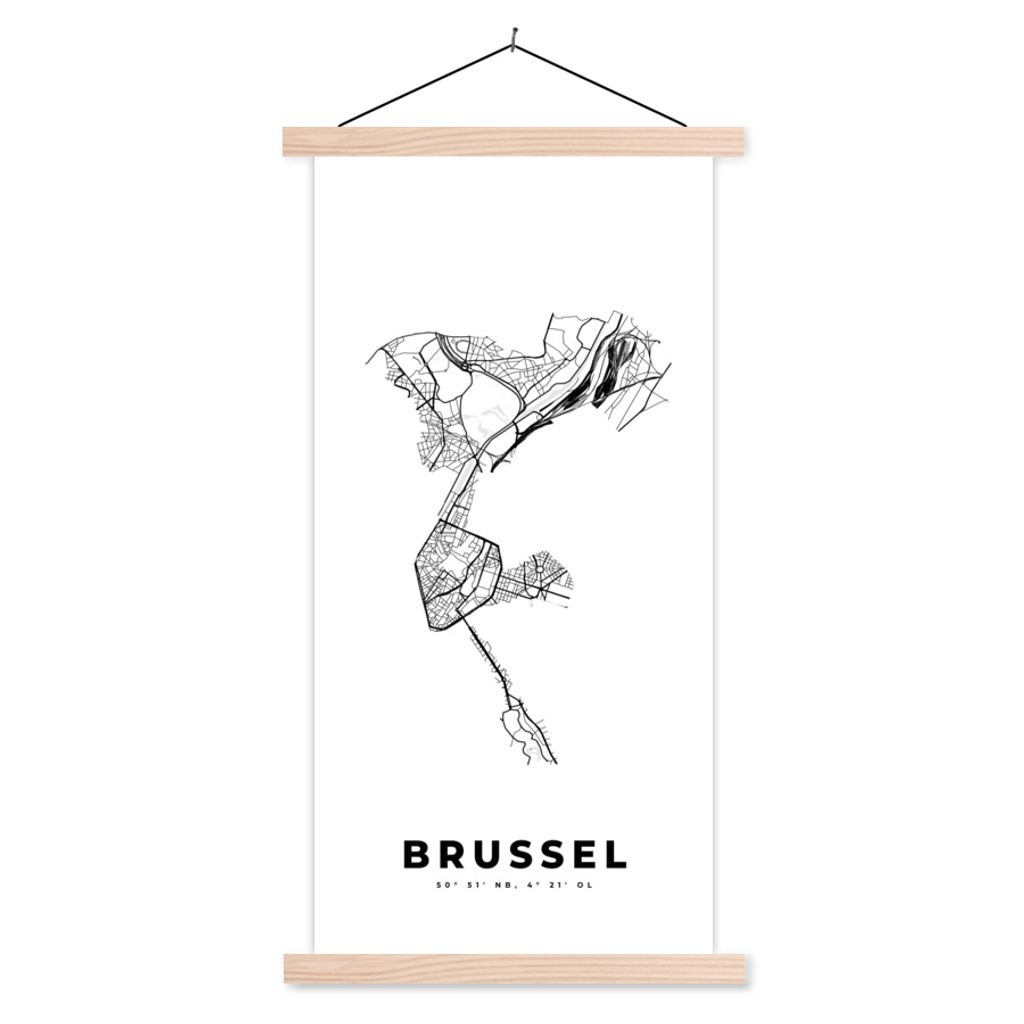 MuchoWow Textilposter Belgien - Brüssel - Stadtplan - Karte - Schwarz und weiß - Karte 60x120 cm mit holzfarbenen Rahmen - Holz