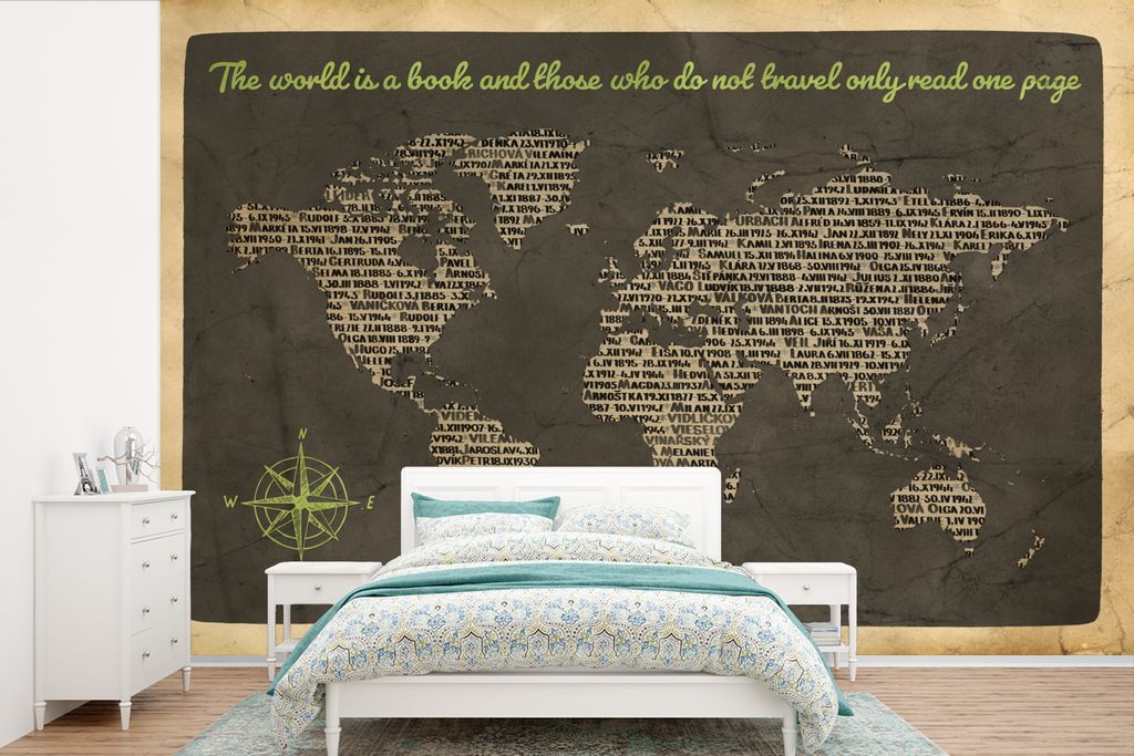 MuchoWow Fototapete für Wohnzimmer oder Schlafzimmer Wandtapete Vinyl Motivtapete Weltkarte - Zitat - Bücher - 330x220 cm - Fototapeten