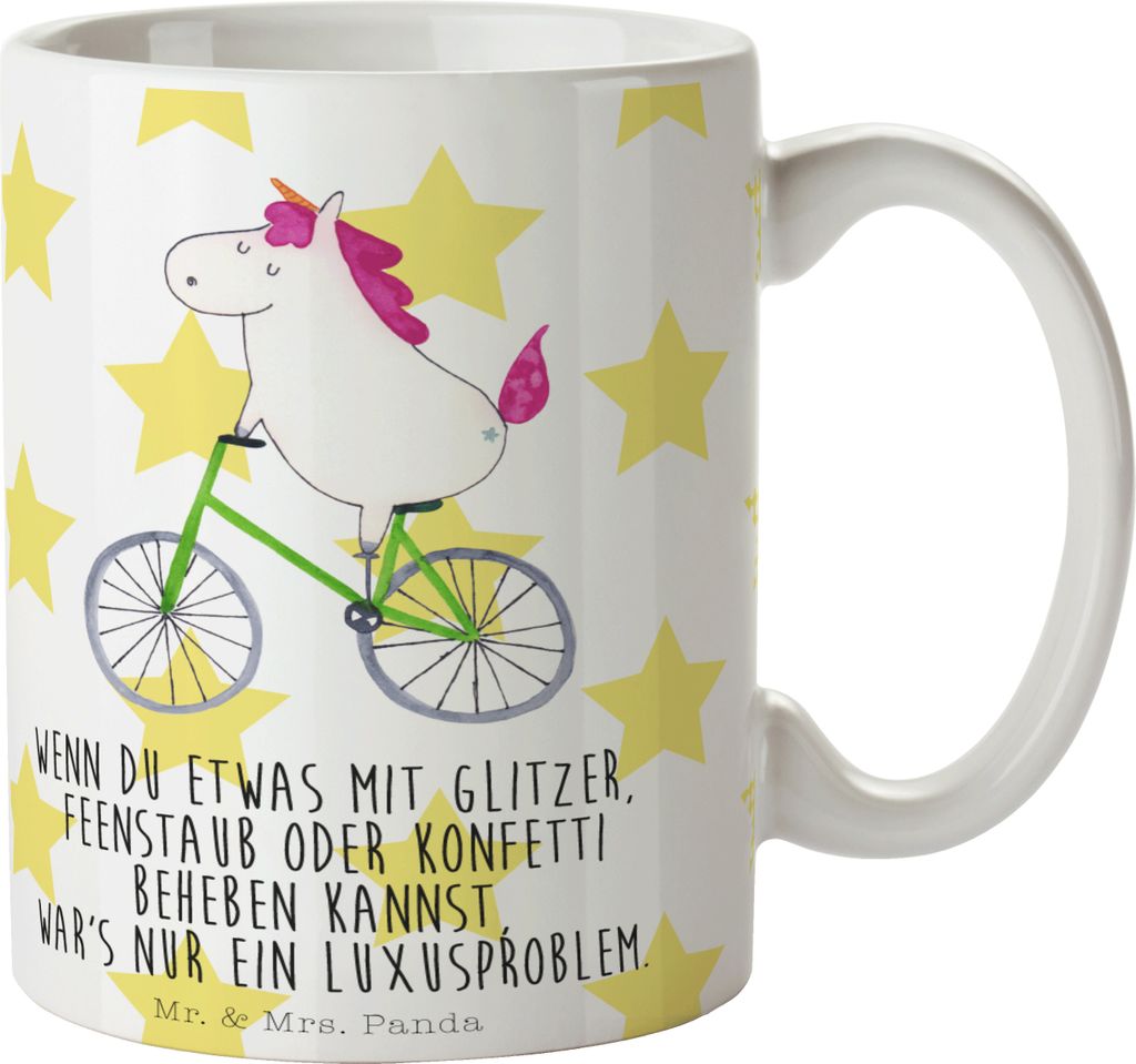 Mr. & Mrs. Panda Kaffeebecher Einhorn Radfahrer - Weiß - Geschenk, Henkelpott, Becher, Liebeskummer, Einhörner, Unicorn, Kaffeetasse, schöne tas...