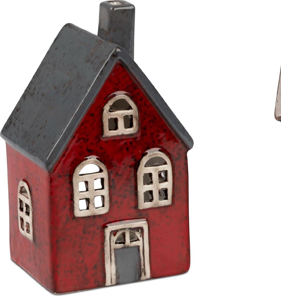 Windlicht, Teelichthalter Haus ANTIK H. 17cm rot grau aus Steingut Formano W25