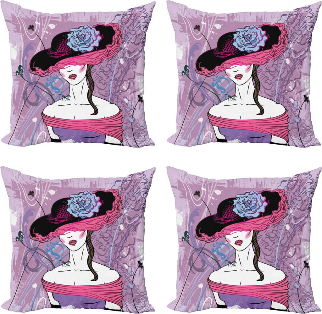 ABAKUHAUS Grunge Kissenbezug Set (4 Stück), Blumen Edler Damenmoden, Moderner Doppelseitiger Digitaldruck, 50 cm x 50 cm, Pink Lila