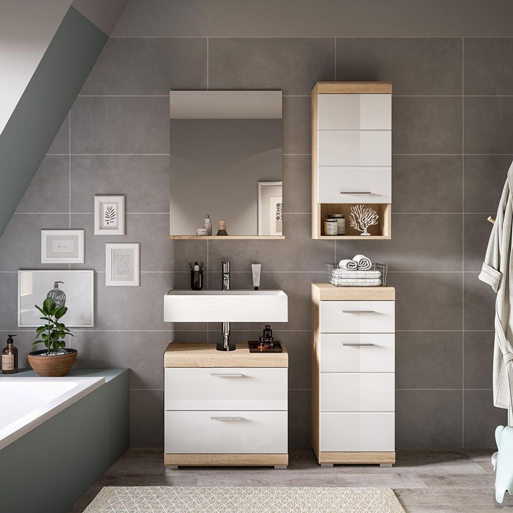 Badezimmer-Set 4-teilig in Sonoma Eiche mit weiß Hochglanz, mit Spiegel - SIROCO-158