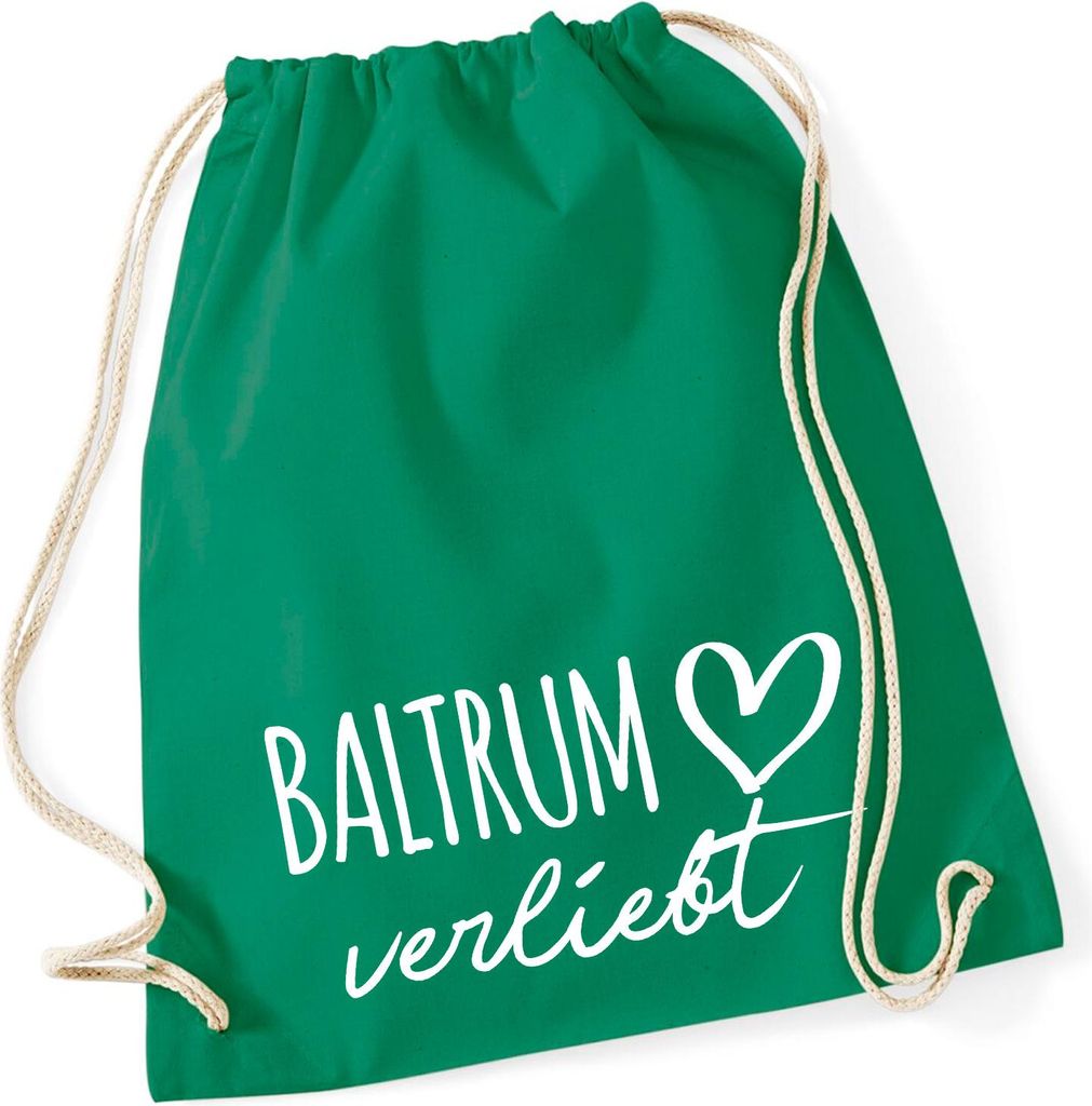 Huuraa Turnbeutel Baltrum verliebt 12 Liter Kelly Green Baumwolle Rucksack Geschenkidee