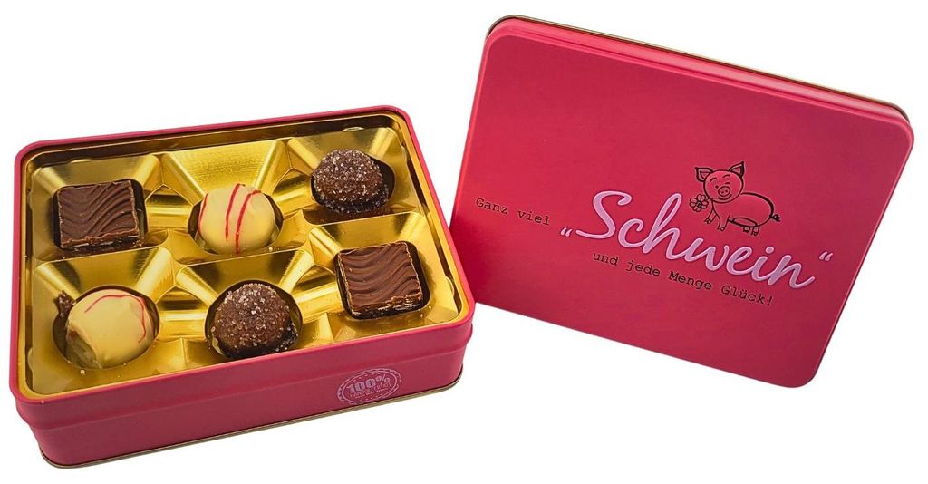 Hussel Pralinen-Geschenkdose "Ganz viel Schwein und jede Menge Glück", 75g