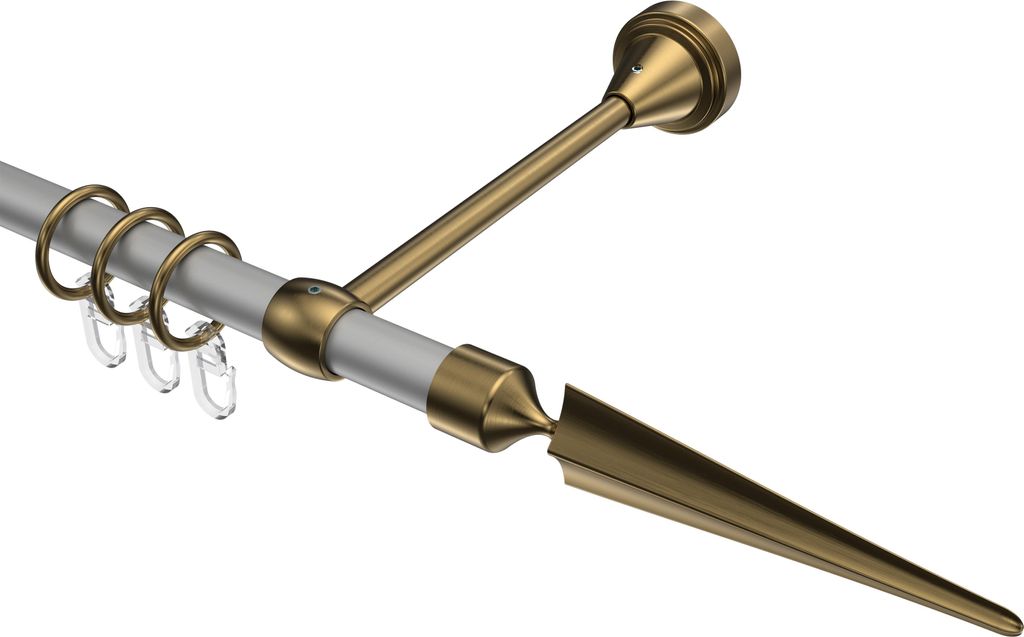 Interdeco Gardinenstange / Vorhangstange Silbergrau / Messing Antik, Typ Primus Lorenzo (Speer), 16 mm Ø 1-läufig, 220 cm