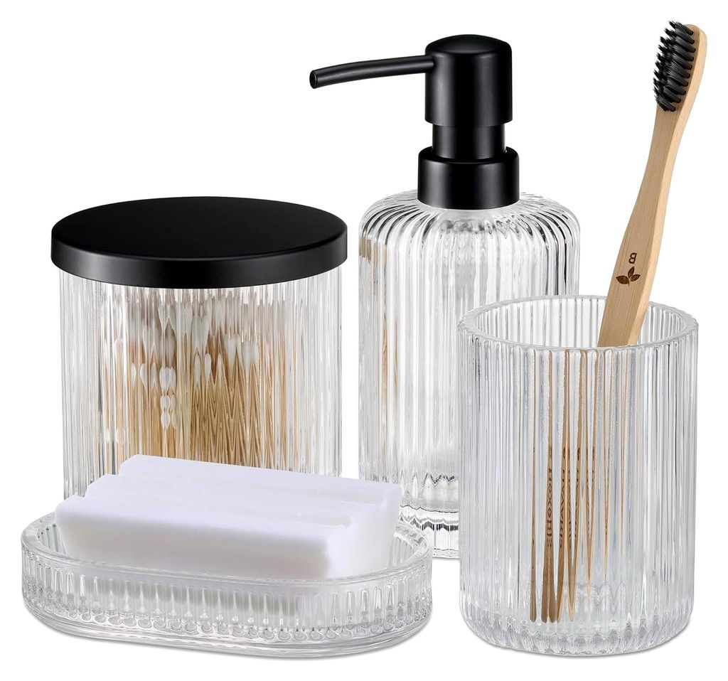 Badezimmer Set 4-teilig aus Glas - dekoratives Badzubehör mit Zahnputzbecher Seifenspender Seifenschale Glasdose - Bad Accessoires - Schwarz
