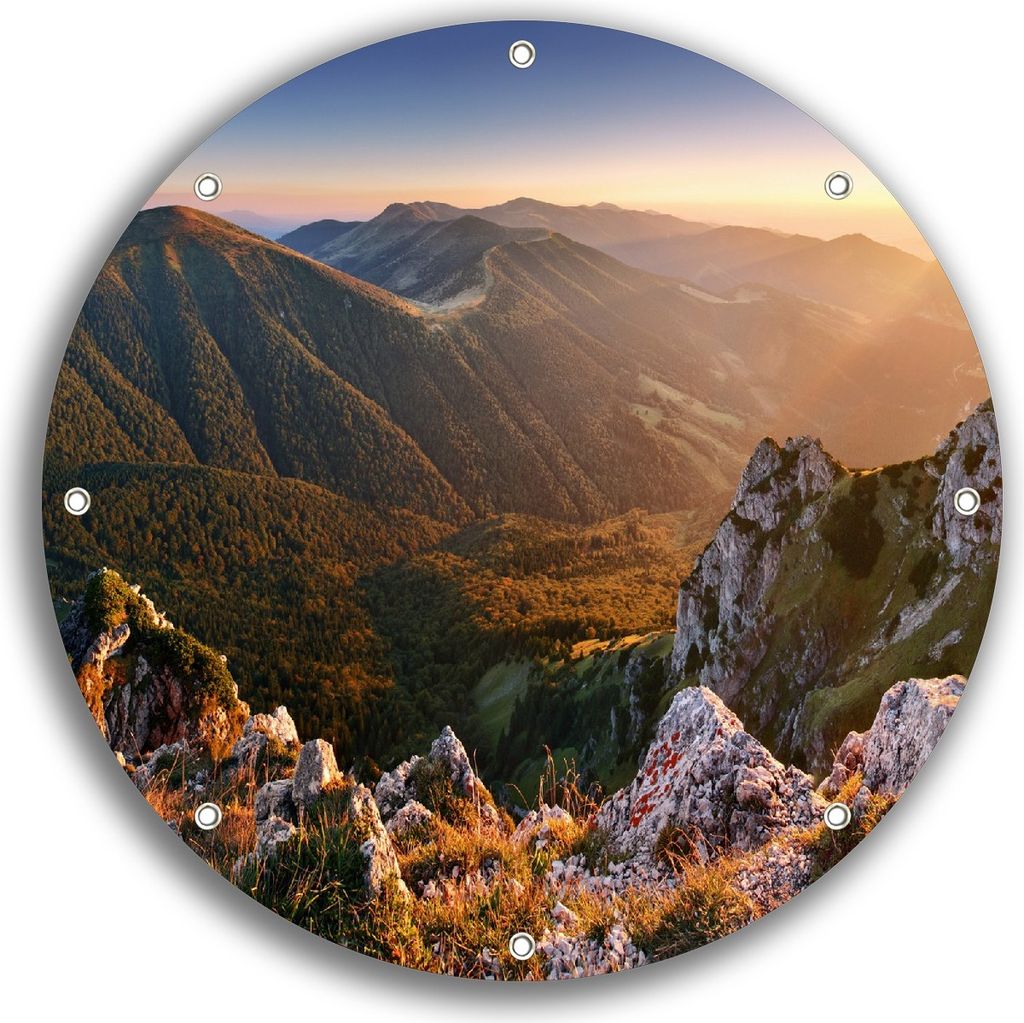 Wallario rundes Outdoor-Poster für Garten oder Balkon, Motiv Berglandschaft mit Sonnenuntergang in der Slowakei, 30 cm Durchmesser