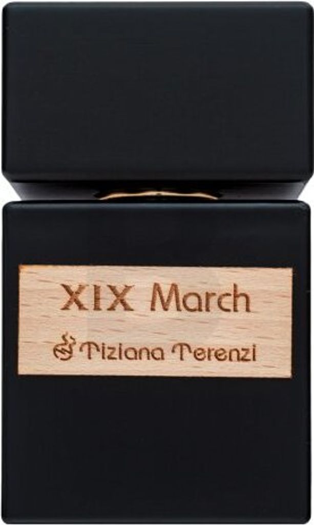A black perfume bottle with a wooden label.