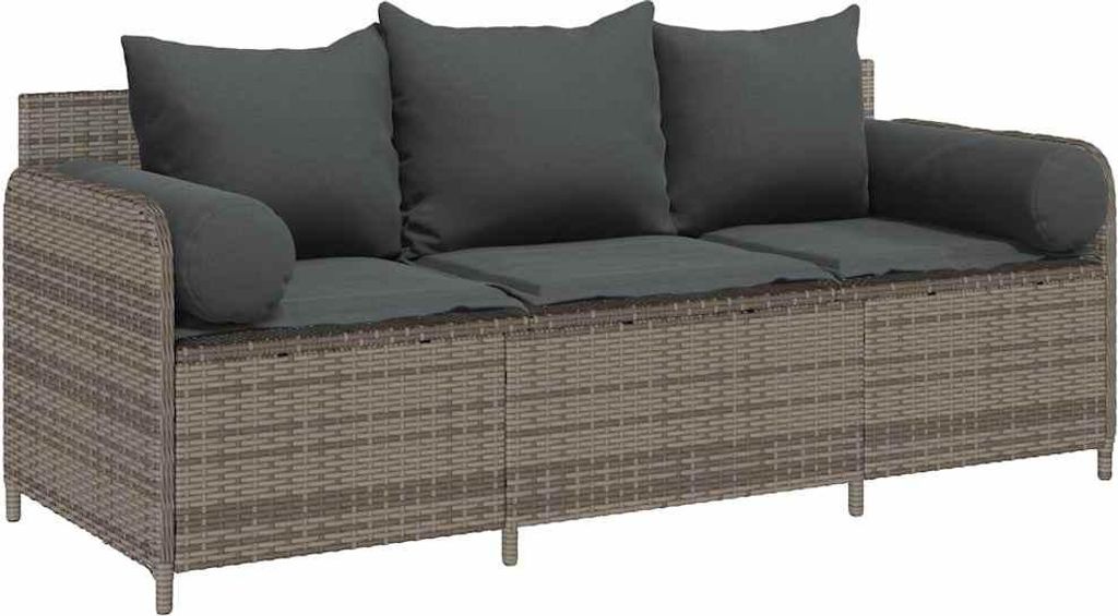 vidaXL Gartensofa mit Kissen 3-Sitzer Grau Poly Rattan Produktbild 