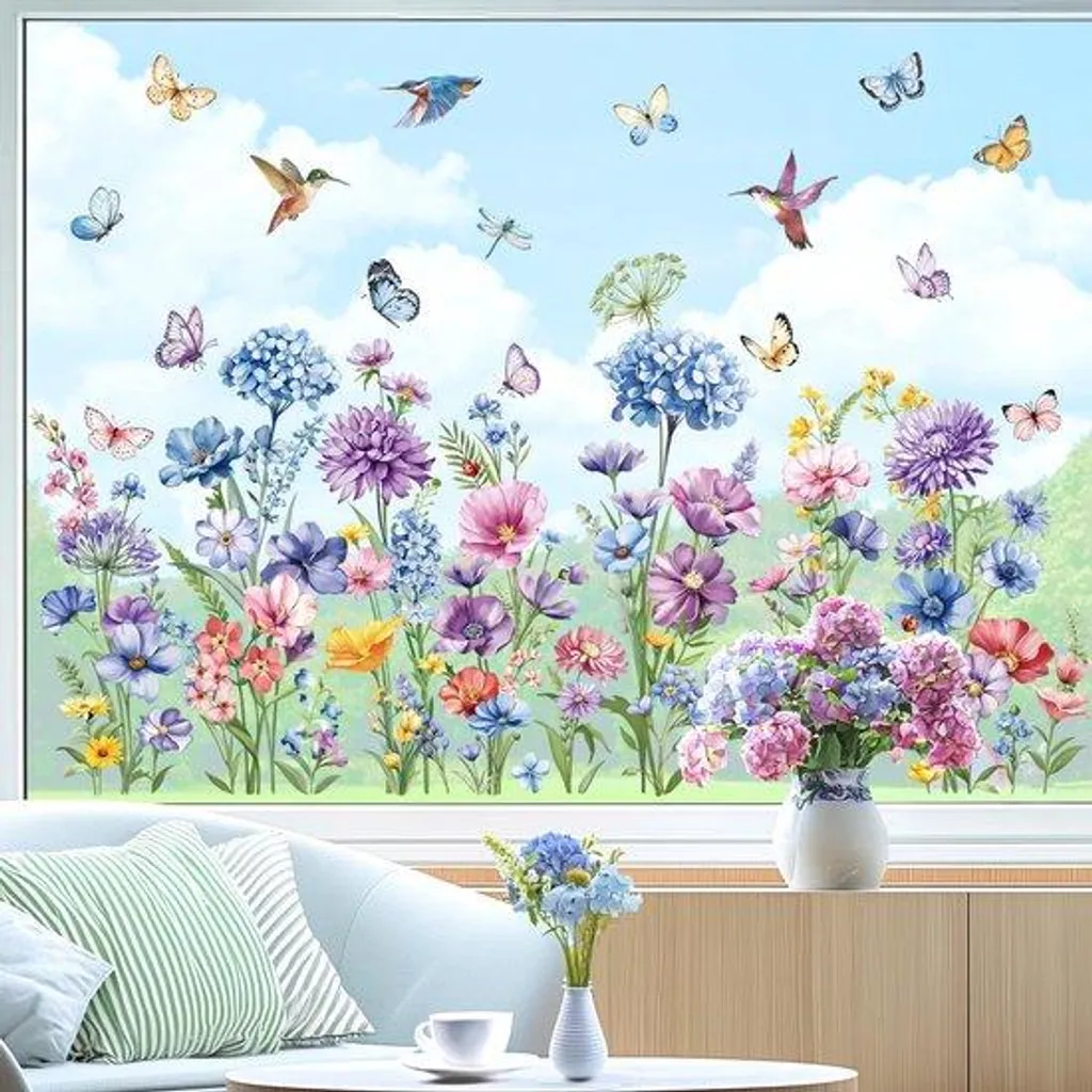 Film adhésif vitres fleurs et papillons pour décoration fenêtre été
