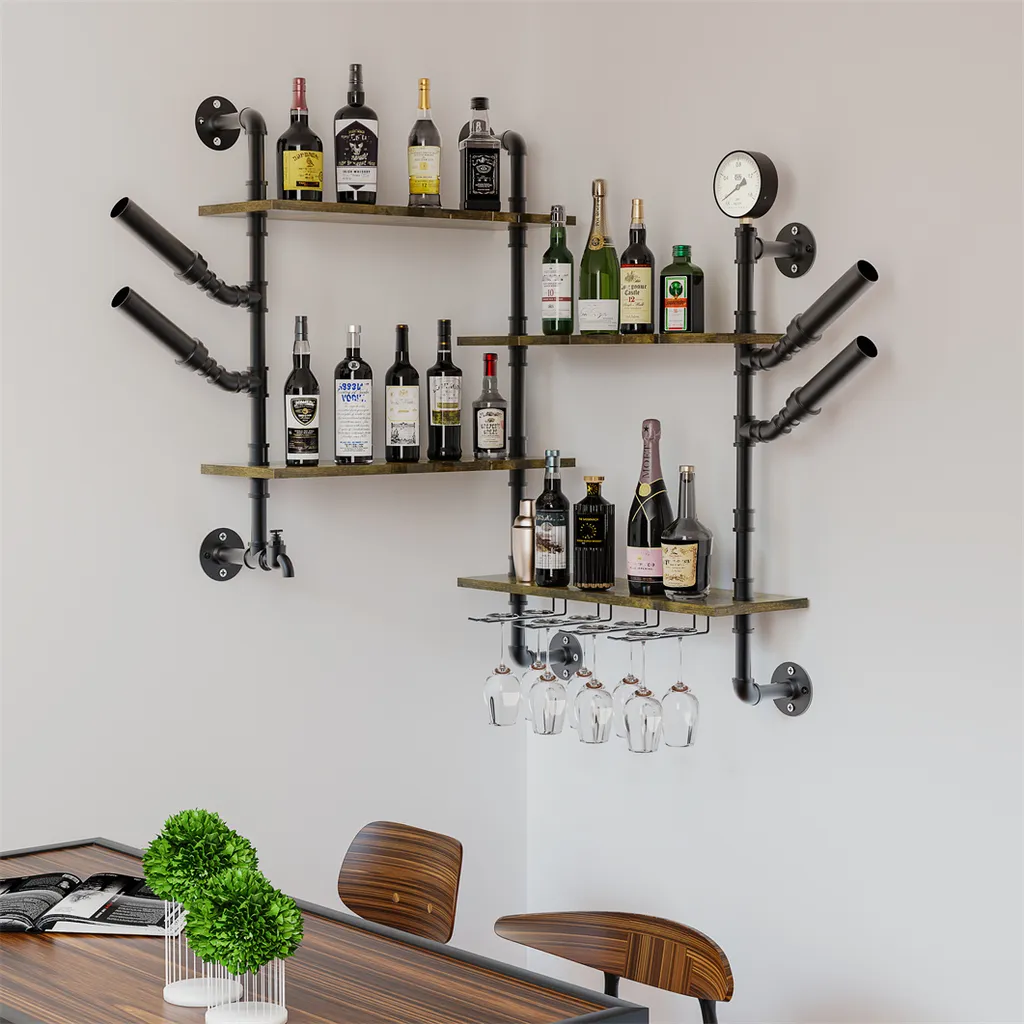 Porte-Bouteilles d'Angle au Design Industriel et Étagères de Rangement - 5